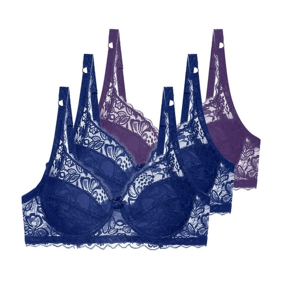 3 Pcs Floral Lace Underwire Bras Womens Plus Size Plunge Push Up T-Shirt Bras Support Demi Padded Bralette, 40/90C