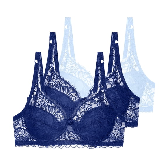 3 Pcs Floral Lace Underwire Bras Womens Plus Size Plunge Push Up T-Shirt Bras Support Demi Padded Bralette, 40/90C