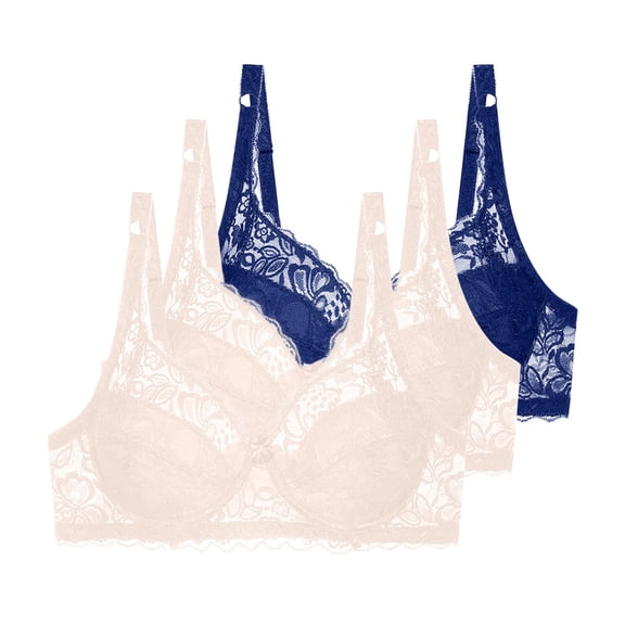 3 Pcs Floral Lace Underwire Bras Womens Plus Size Plunge Push Up T-Shirt Bras Support Demi Padded Bralette, 44/100C