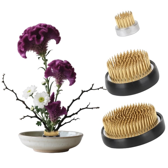 3 Pcs Flower Frog for Flower Arrangements Holder Jpanese Flower Arranging Ikebana Kenzan with Brass Needle (Gold, 2.36" 1.57" 0.9")