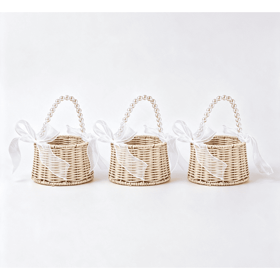 3 Pcs Flower Girl Basket 6.3x7.9In, Boho Handwoven Woven Basket With Pearl Beaded Handle & Organza Bowknot, Multi-use Wedding Petal Holder Favor Storage Basket for Ceremony Farmhouse Home Decor