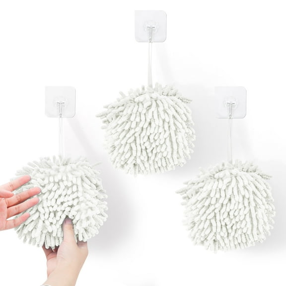 3 Pcs Fluff Fuzzy Ball Hand Towel with 3 Hooks, Quick Dry Hand Towel with Hanging Loop, Decorative Towels for Bathroom Kitchen (White)
