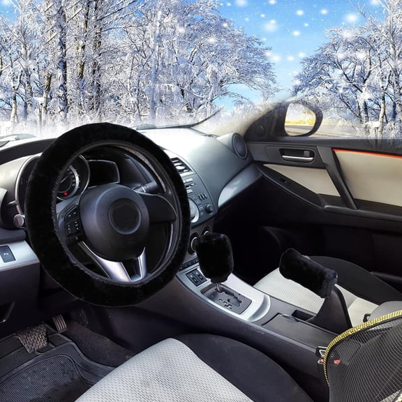 3 Pcs Fluffy Steering Wheel Cover, 15 Inch Furry Car Steering Wheel Protector with Gear Shift Cover and Handbrake Cover, Warm Soft Interior Accessories for Winter Driving