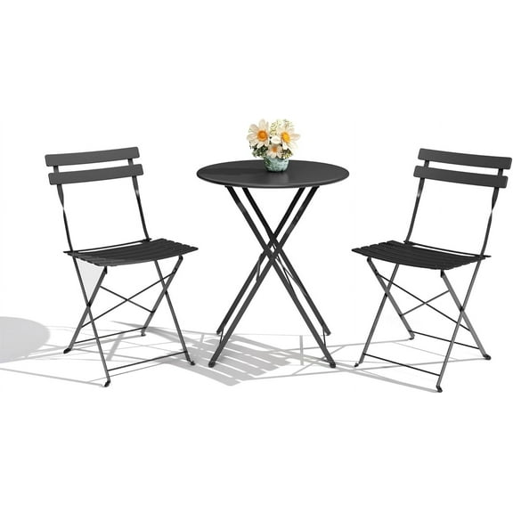 3 Pcs Foldable Bistro Set Metal Patio Table and 2 Chairs Space-Saving for Garden Balcony Black
