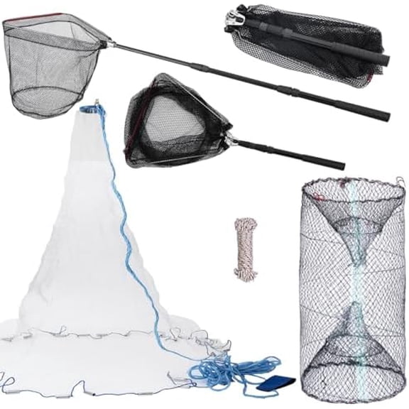 3 Pcs Foldable Fishing Net Accessories :Fishing Cast Net with Heavy Duty Real Zinc Sinker Weights Fishing Landing Net with Telescoping Pole Handle Crab Crayfish Shrimp Crab Trap