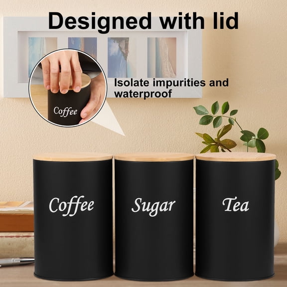 3 Pcs Food Storage Canisters with Bamboo Lid Iron Tea Sugar Coffee Canisters Versatile Tea Coffee Sugar Canister Set Smooth Coffee Tea Sugar Container Set for Coffee Sugar Tea