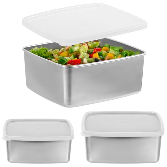 3 Pcs Food Storage Tins, Stainless Steel Square Meal Prep Boxes with Seal Lid, Snack Salad Tins, Stackable Nestable Containers, 34 oz, 67 oz, 118 oz
