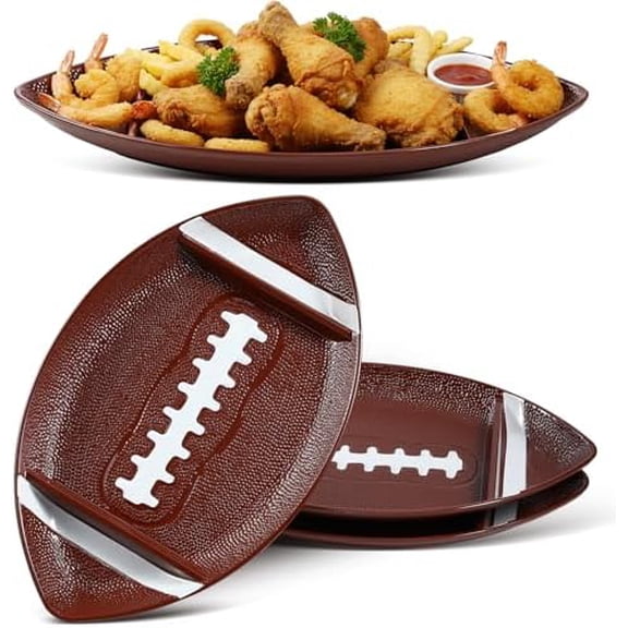 3 Pcs Football Serving Trays, Large Reusable Football Snack Trays, Includes 2 Dip Sections, Game Day Serveware, Tailgate Party Serving Platter, Sports Party Decorations, Chip and Dip Bowls