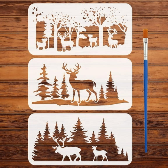 3 Pcs Forest Deer Painting Stencil with Brush 11.8x5.9inch Deer Silhouette Pattern Drawing Template Animal Theme DIY Decoration Stencil for DIY handcrafting