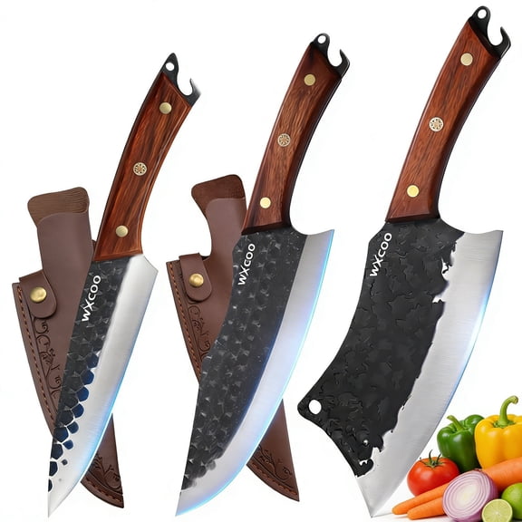 3 Pcs Forged Knife Set Stainless Steel Kitchen Chef Knife Set Hand Forged Boning and Slicing Knives Multipurpose Ultra Sharp Meat Cleaver Cutting Small Pocket Butcher Utility Knives