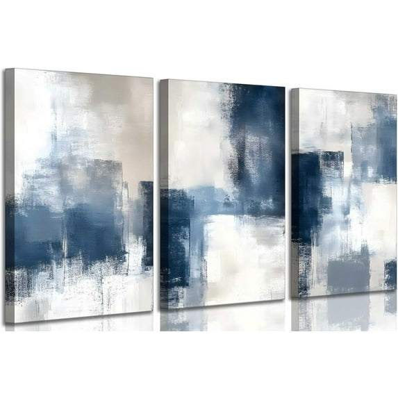 3 Pcs Framed Navy Blue Abstract Canvas Wall Art Modern Minimalist Neutral Blue and Grey Paintings Pictures Wall Decor Poster Print Artwork for Living Room Bedroom Office Home Decoration