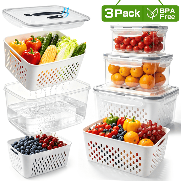 3 Pcs Fruit Storage Containers, with Removable Colander & Handle Lid, Refrigerator Organizers and Storage, Airtight Container to Keep Berry Fruit and Vegetable Fresh Longer Dishwasher Safe