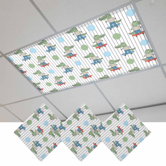 3 Pcs Funny Crocodile Fluorescent Light Covers Skateboard Polka Dots Cartoon Strips Magnetic Light Covers for Ceiling Lights 4 x 2 ft Drop Ceiling Lights Cover Shade for Office, Home, Hospital