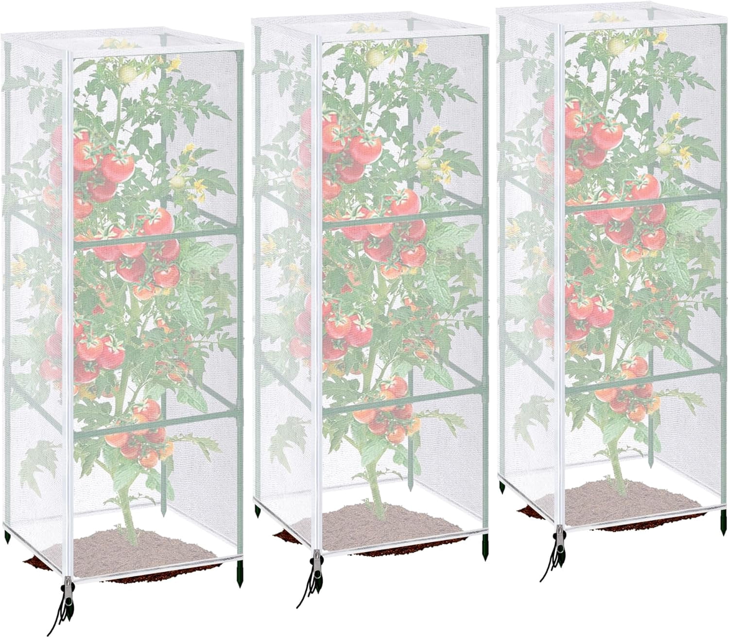 3 Pcs Garden Bird Netting Plant Cover for Square Tomato Cage, 59" x 17.7" Insect Barrier Cage Net with Zipper & Drawstring, Trellis Protection Protecting Plants
