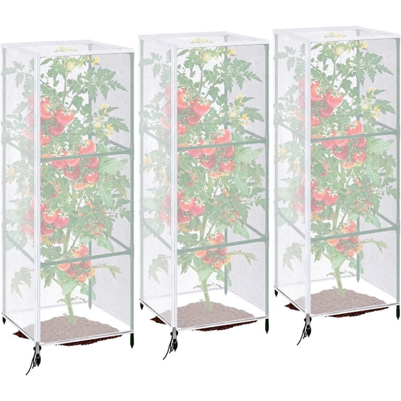 3 Pcs Garden Bird Netting for Square Tomato Cage, 59" x 17.7" Tomato Cage Net Fruits Tree Netting with Zipper & Drawstring for Garden Protection, White