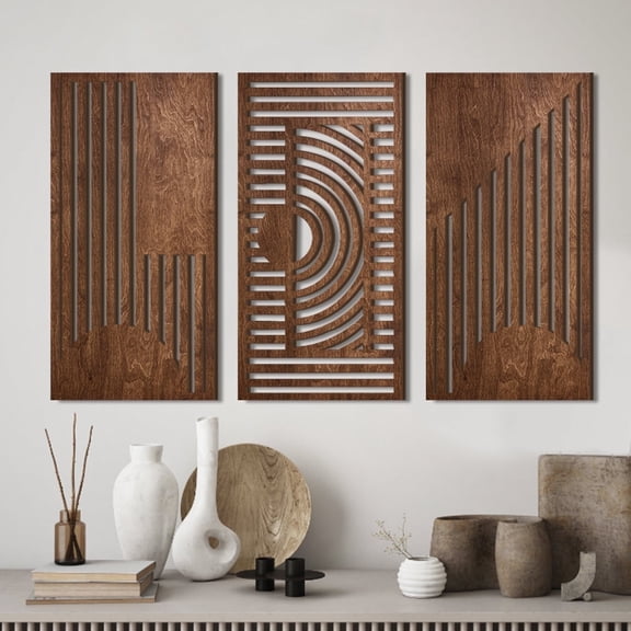 3 Pcs Geometric Wood Wall Art Decor Wooden Minimalist Wall Hanging Decor (8"x16") 3D Hollow Carved Craft Art Set Boho Abstract Wall Sculptures Panels Decoration for Home Living Room Bedroom Kitchen