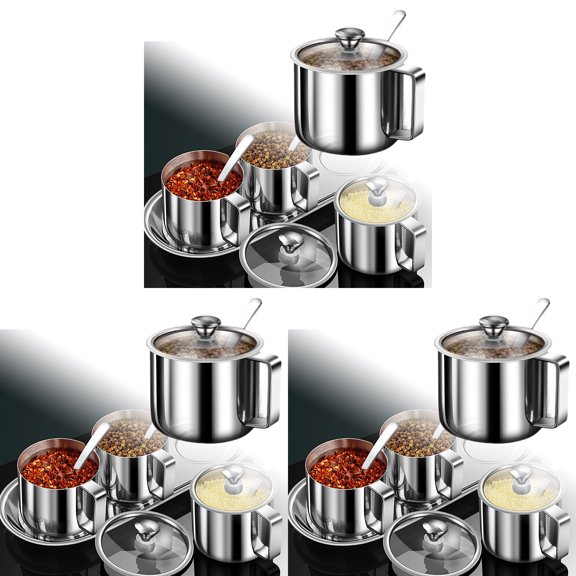3 Pcs Ghee Container Stainless Steel, Seasoning Containers with Clear Lid and Handle, Jars with Spoon for Home Kitchen, Oil Container, Condiment Storage for Sugar Cubes and Spices (Without Tray)