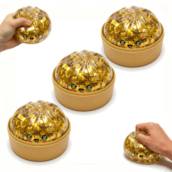 3 Pcs Giant Gold Glitter Dumpling Squishy Toys with Steamer Basket, Jumbo Bao Bun Stress Relief Ball, Viral Fidget Sensory Toys for K*-ids and Adults, Dollar Sign Eyes Money Dumpling
