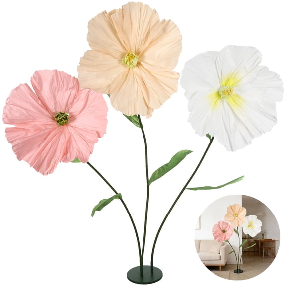 3 Pcs Giant Paper Fake Flowers, Large Artificial Flower Decor with Stand, Bendable Stem and Iron Base for Wedding Party Banquet Background