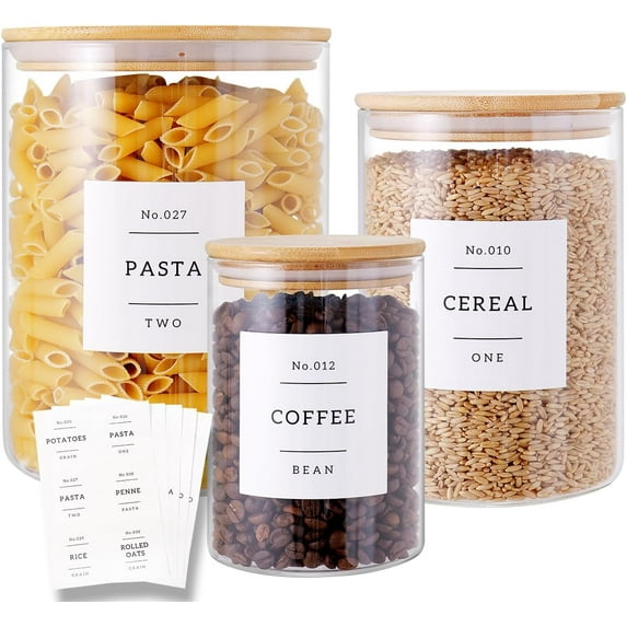 3 Pcs Glass Canisters with Airtight Bamboo Lids and 42 Kitchen Pantry ...