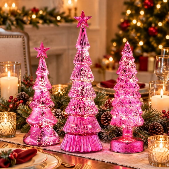 3 Pcs Glass Christmas Tree Decor, Pink Glitter Lighted Tabletop Christmas Trees with Star Tops for Mantel, Fireplace, Shelf and Holiday Table