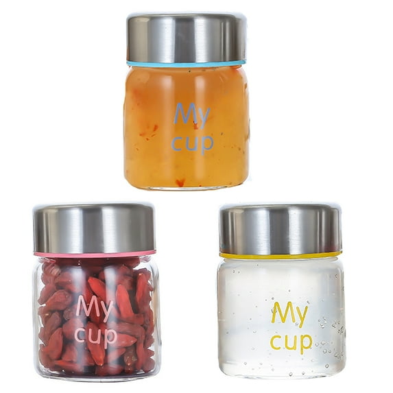 3 Pcs of Glass Food Storage Jars, 3.38 Oz Food Containers With Airtight Metal Lids For Puddings, Yogurt, Homemade Jams, Glass Canisters For Kitchen, Pantry Organization And Storage,(Blue+Red+Yellow)