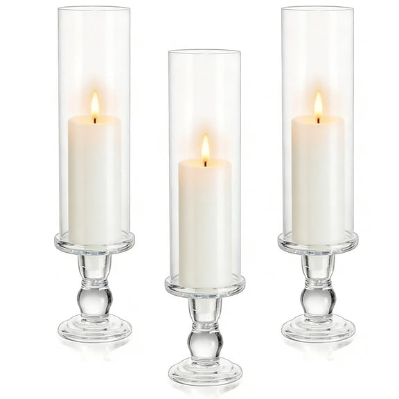 3 Pcs Glass Hurricane Candle Holders Set, Transparent Pillar Candle Hurricane Pedestal Holders, 9.8 in Tall, Windproof Glass Hurricane Candle Holder, Table Centerpieces for Weddings, Christmas, Party