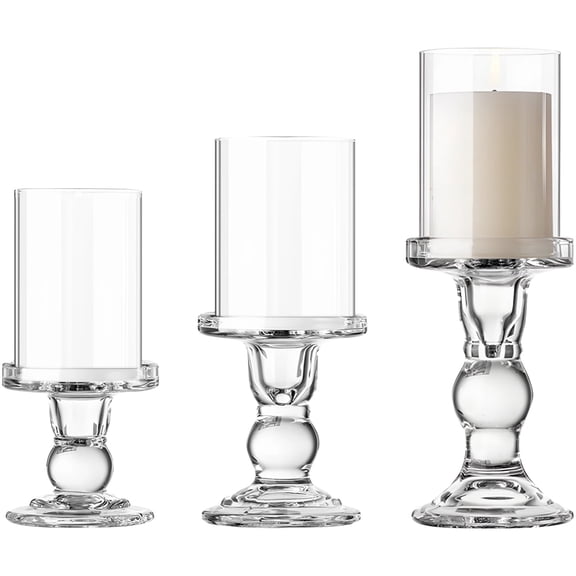 3 Pcs Glass Pillar Candle Holder Set, Tall Decorative Crystal Clear Roman Column Candlesticks for Table Centerpieces, Home Decor