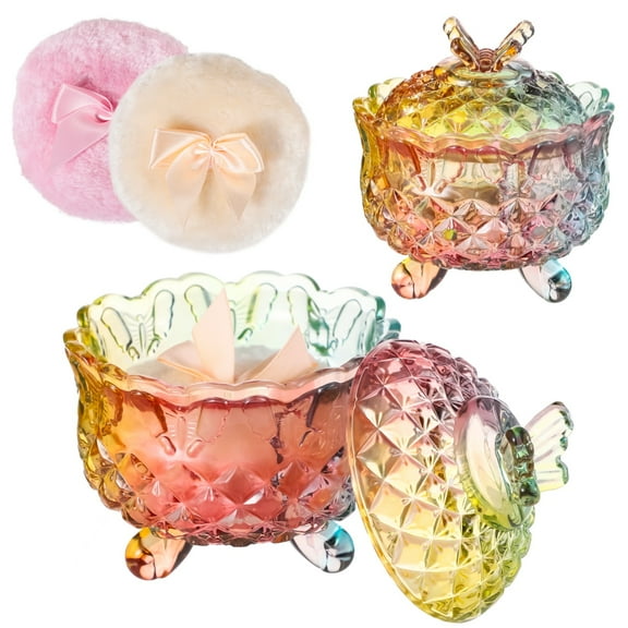 3 Pcs Glass Powder Puff Container Set, Decorative Colored Glass Jar with Lid, Large Powder Puffs, Ideal for Adult Body Powder Application
