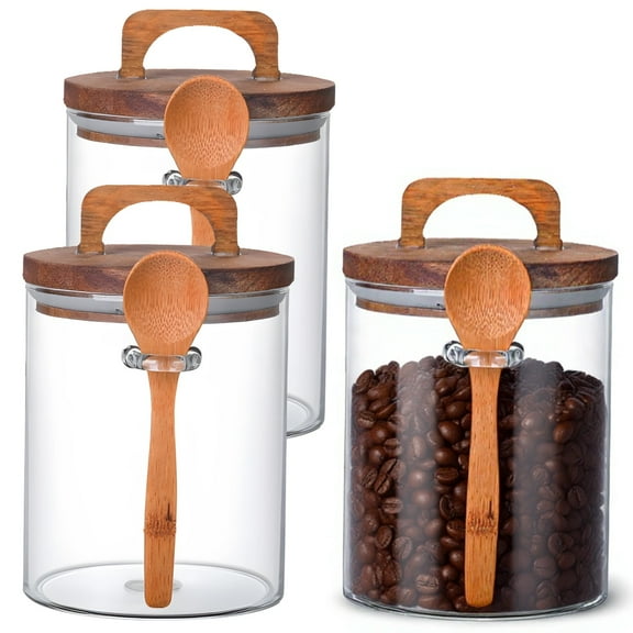 3 Pcs Glass Storage Jars with Scoop, Wooden Lid and Handle, Sugar Coffee Spice Canisters, Airtight Pantry Containers for Kitchen Organization