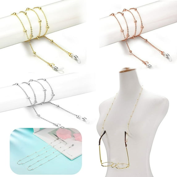 3 Pcs Glasses Chain, 18K Gold Plated Sunglass Chain String Strap Eyeglass Retainer Eyewear Holder (Silver, Gold, Rose gold)