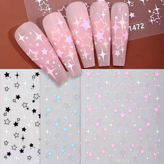 3 Pcs Glitter Cartoon Star Nail Stickers Set Self-Adhesive Decals for Nails
