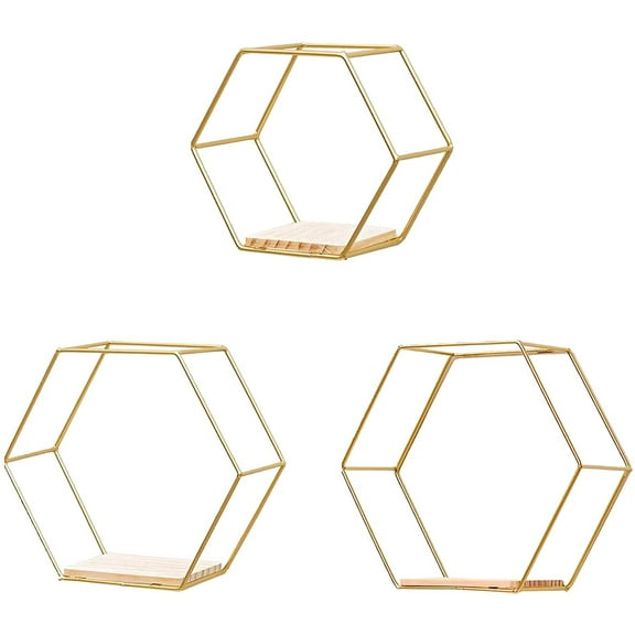 3 Pcs Gold Hexagon Wall Shelves, Floating Decorative Wire Wall Mounted Shelf, Multi-use Geometric Floating Shelves Metal Shelving for Bedroom Living Room Kitchen Office, 6.7in 9.4in 11in