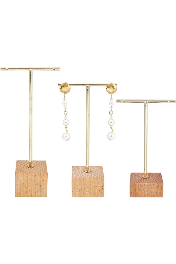 3 Pcs Gold Metal T Bar Earring Display Stand 6.3/5.5/4.5 Inch Height Jewelry Stand with Wooden Square Base Earring Hanging Holders Jewelry Organizer for DIY Store Retail Photography Props