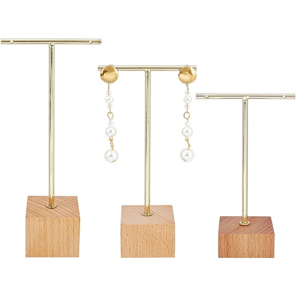 3 Pcs Gold Metal T Bar Earring Display Stand 6.3/5.5/4.5 Inch Height Jewelry Stand with Wooden Square Base Earring Hanging Holders Jewelry Organizer for Store Retail Photography PropsGolden