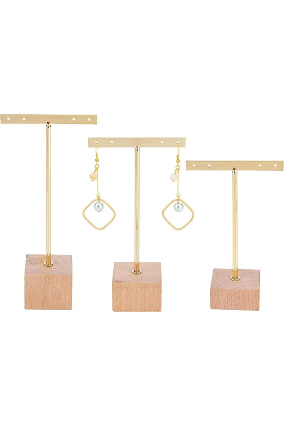 3 Pcs Gold Metal T Bar Earring Display Stand with Wooden Square Base 4 Holes Jewelry Holders Hanging Earring Organizer for Store Retail Photography Props4.7 & 5.5 &6.3 inch Height Golden