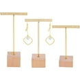 thumbnail image 1 of 3 Pcs Gold Metal T Bar Earring Display Stand with Wooden Square Base 4 Holes Jewelry Holders Hanging Earring Organizer for Store Retail Photography Props（4.7 & 5.5 &6.3 inch Height）, 1 of 9