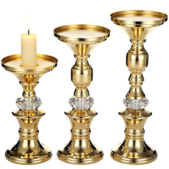 3 Pcs Gold Pillar Holder Set, Elegant Crystal Candlestick Stands, Gourd Shape Wedding Centerpieces, Weighted Base Tabletop, 5.91-8.46 in Tall