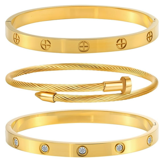 3 Pcs Gold Plated Stainless Steel Bracelets for Women, Stackable Hypoallergenic Bangles Jewelry with Friendship and Love Theme