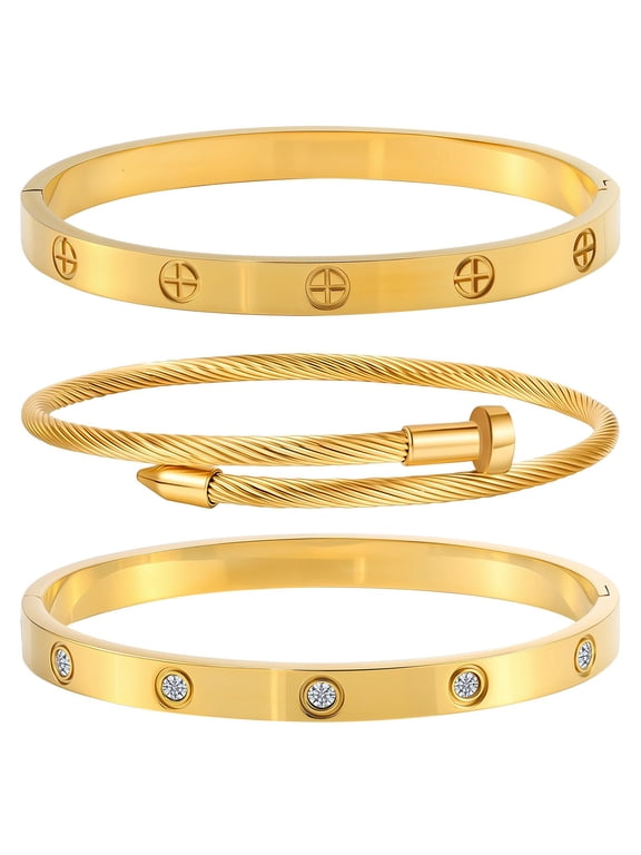 3 Pcs Gold Plated Stainless Steel Bracelets for Women, Stackable Hypoallergenic Bangles Jewelry with Friendship and Love Theme