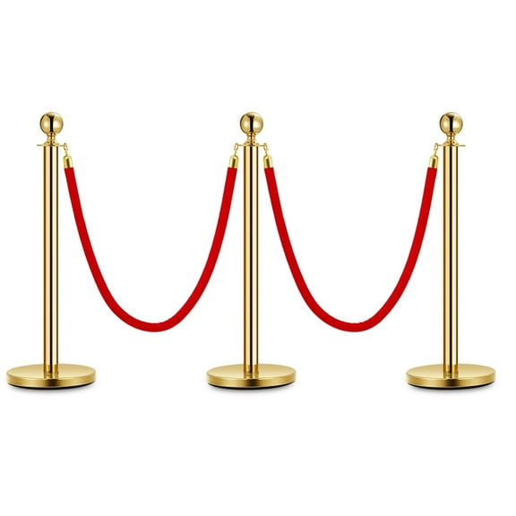 3 Pcs Gold Stanchion Post Queue and 5 Ft Red Velvet Ropes, Stainless Steel Red Carpet Ropes and Poles, Crowd Control Safety Barriers for Parties, Banks, Museums