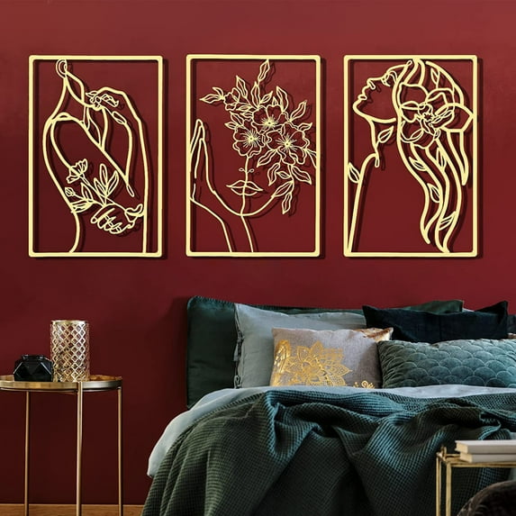 3 Pcs Gold Wall Decor Above Bed Minimalist for Living Room Metal Line Art - Female Body, Gold Room Decor for Bedroom Modern Wall Art for Indoor