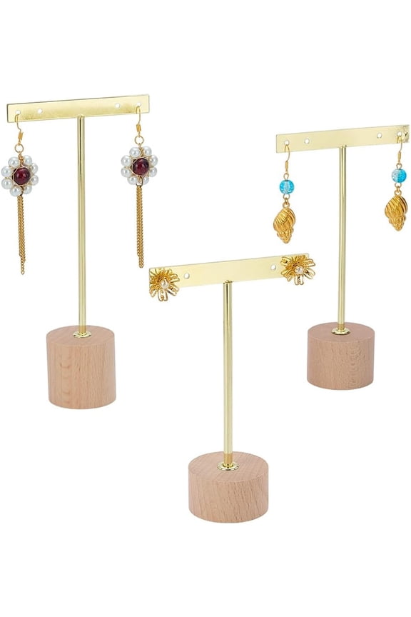 3 Pcs Golden Metal T Bar Earring Display Stand 4.7/5.7/6.6inch Height Jewelry Stand with Wooden Round Base Earring Hanging Holders Jewelry Organizer for Store Retail Photography Props Gold