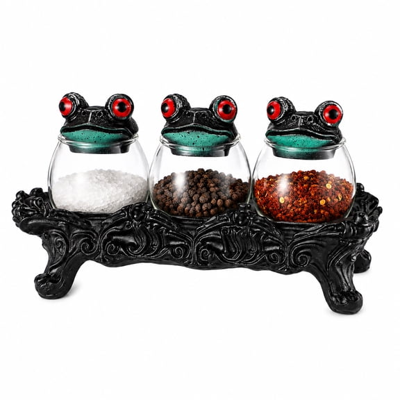 3 Pcs Gothic Frog Spice Jar Set with Metal Stand, Vintage Glass Condiment Containers with Red Eyed Amphibian Tops, Victorian Kitchen Counter Organizer for Salt Herbs Pepper Display