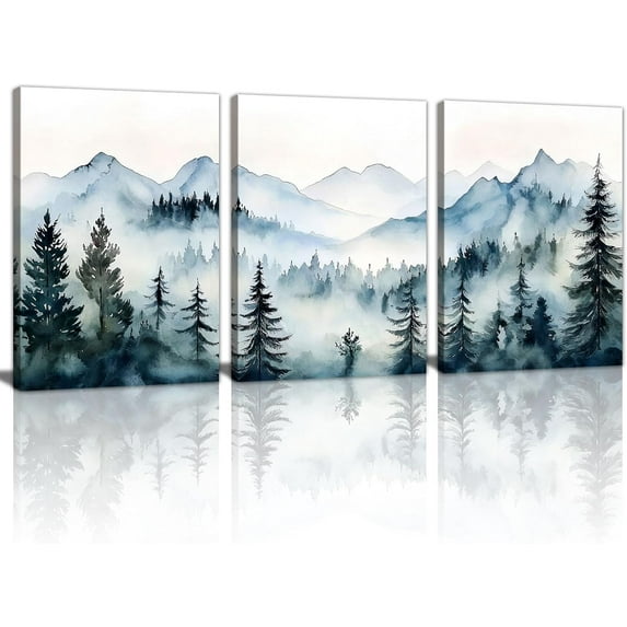 3 Pcs Green Misty Forest d Canvas Wall Art Modern Fog Mountain Landscape Wall Painting Watercolor Nature Pine Tree Art Print Pictures for Living Room Bedroom Office Home Decorations 12"X16"X3Pcs