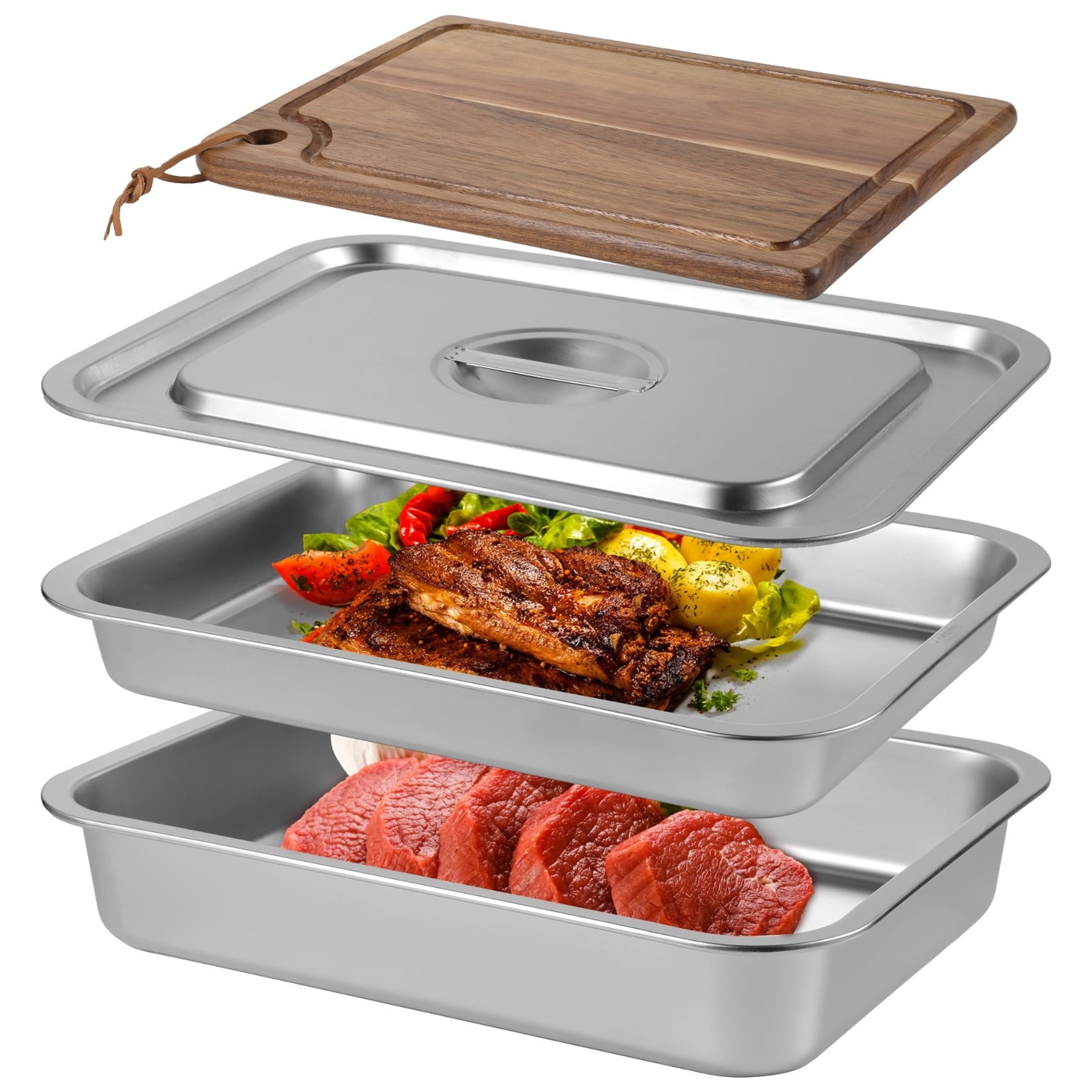 3 Pcs Grilling Prep And Serve Tray Set, Includes a Stainless Steel Marinade Container with Lid, a Rectangular Food Prep Tray, and a Acacia Cutting Board, Perfect BBQ Grill Accessories