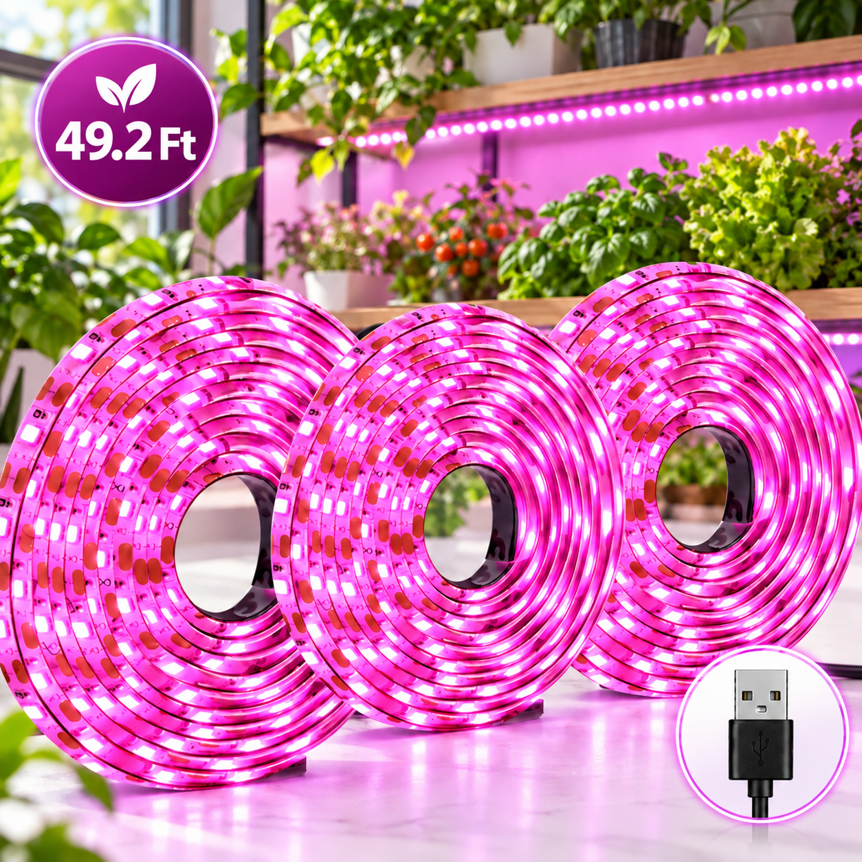 PEUHOP 3 Pack Grow Lights for Indoor Plants, 16.4 ft LED Grow Light Strips, Waterproof Cuttable Purple Plant Lights for Indoor Growing, Succulents and Flowers
