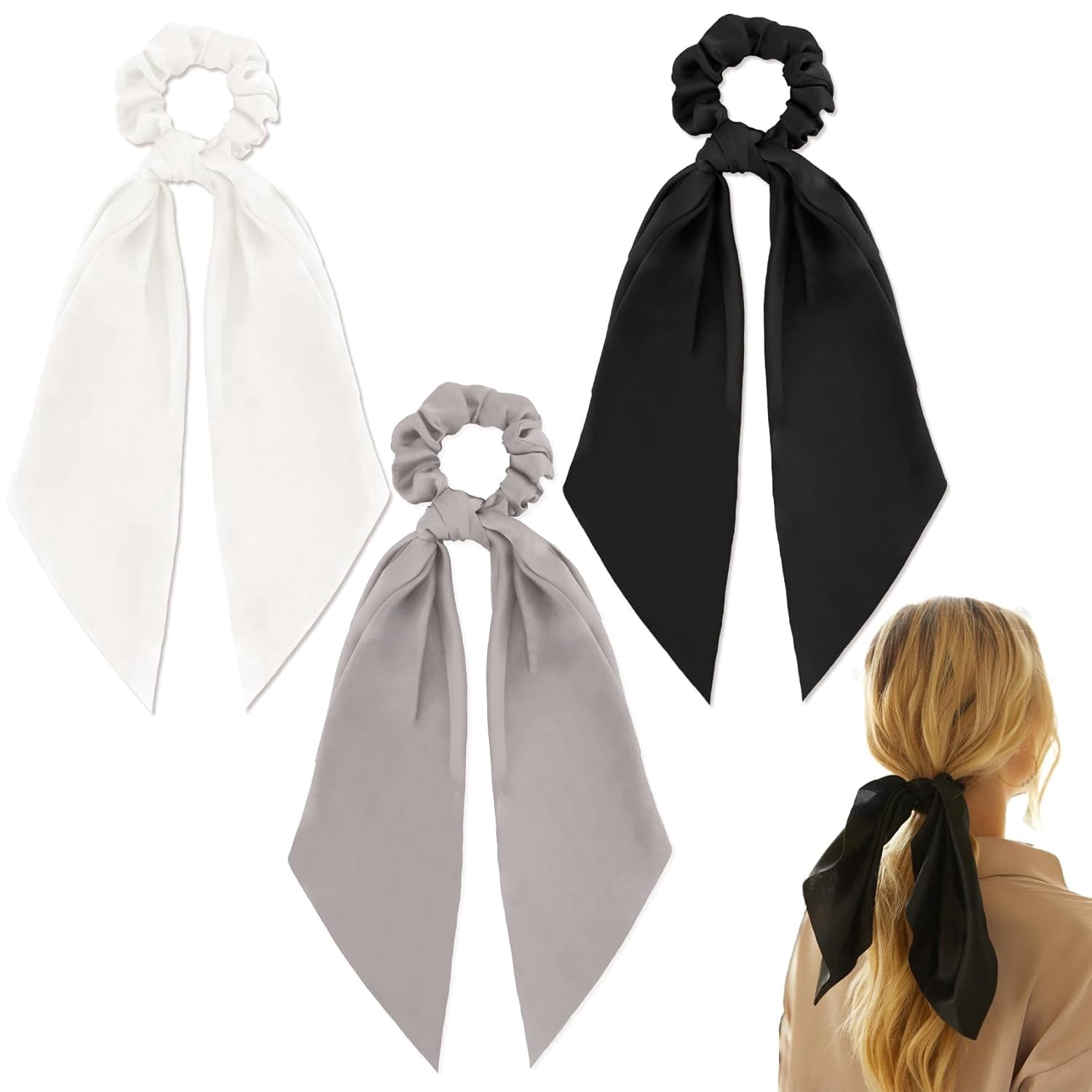 -3 Pcs Hair Scarf Scrunchies,Long Silk Satin Hair Ribbons Ties Bow Silk Scarf Scrunchies with Ribbon Accessories for Women Teen Girls White Grey Black