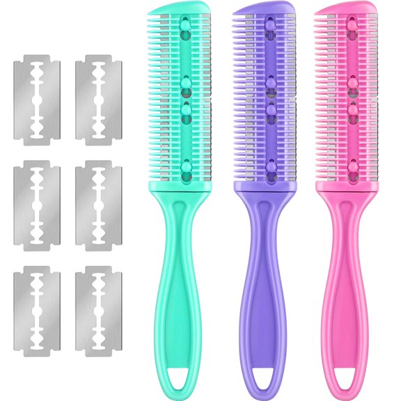 3 Pcs Haircut Razor Comb Hair Cutting Comb with 12 Replacement Blades Double Edge Shaper for Salon & Home Styling Split Ends Trimmer Styler for Thick and Thin Hair