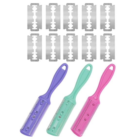3 Pcs Haircut Razor Comb,Heavy-Duty Reusable Hair Cutting Comb with 10 Replacement Blades,Double Edge Shaper for Salon & Home Styling Split Ends Trimmer Styler for Thick and Thin Hair (Mixed)
